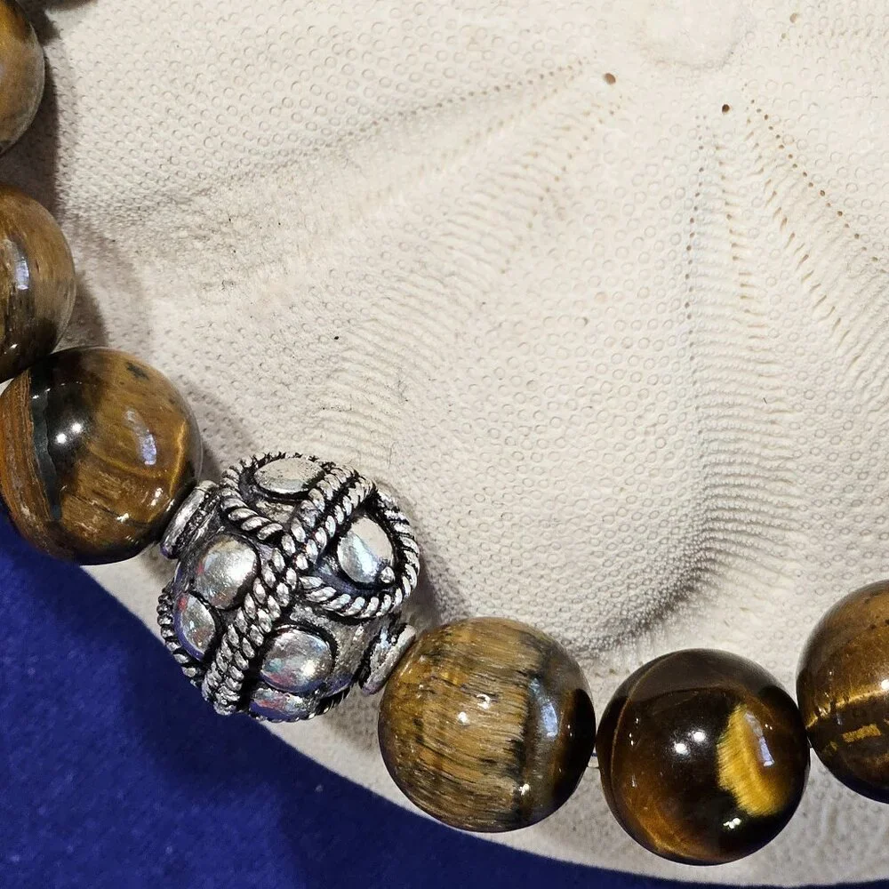 Hand Crafted Chunky Natural Tiger Eye Men's Stretch Bracelet - Picture 3 of 5